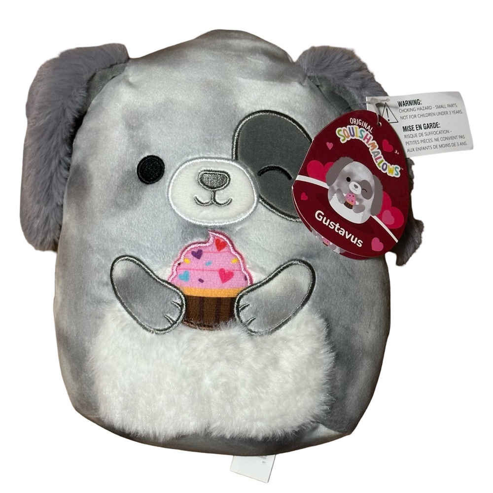 NWT Squishmallows 8" Gustavus the Gray Dog Puppy with Cupcake Valentine